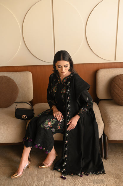 Black Embroidered Luxury Khaddar Set – 3 Pc