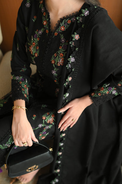Black Embroidered Luxury Khaddar Set – 3 Pc