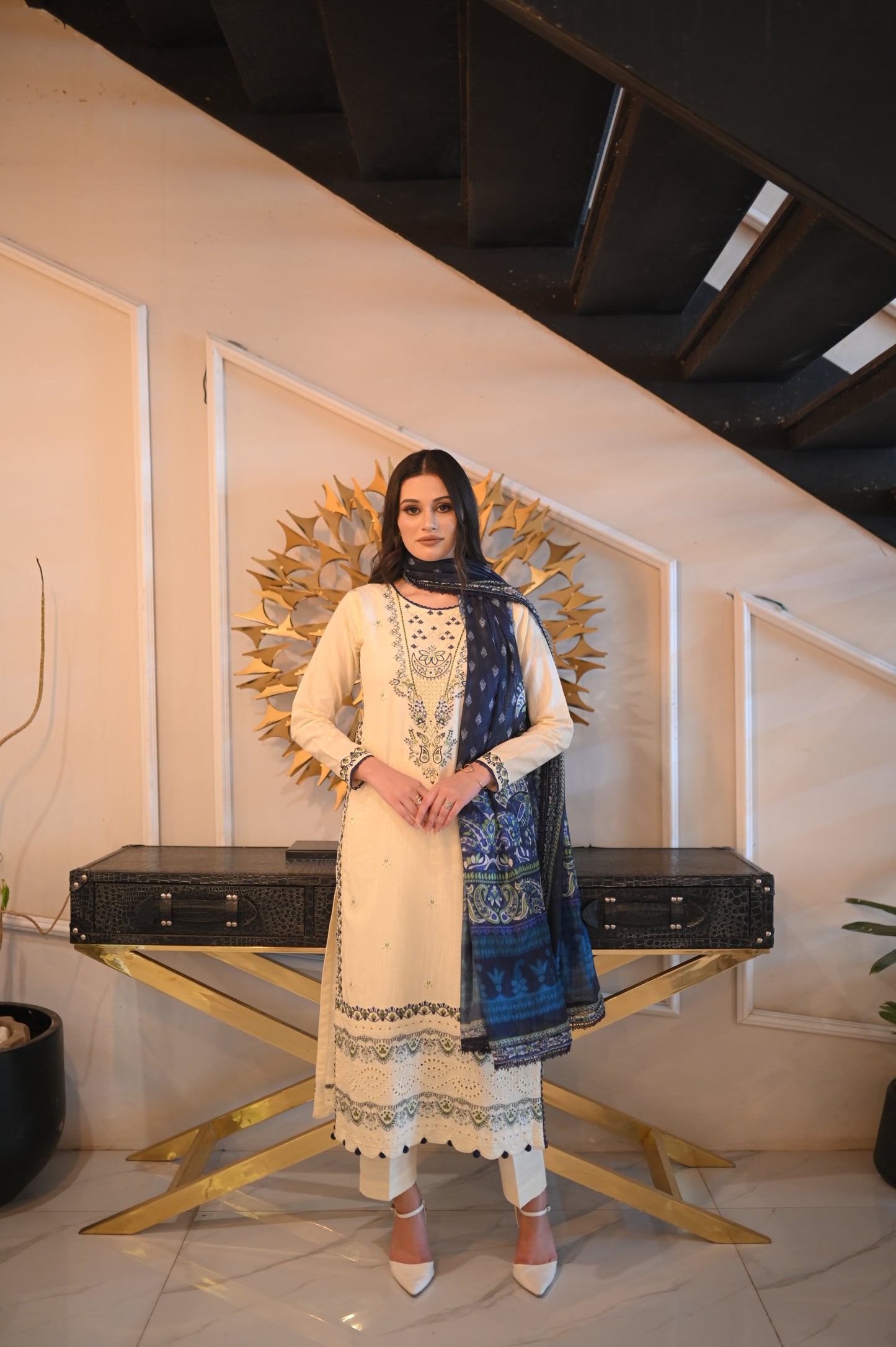 Creamy white Embroidered khaddar Set 3PC