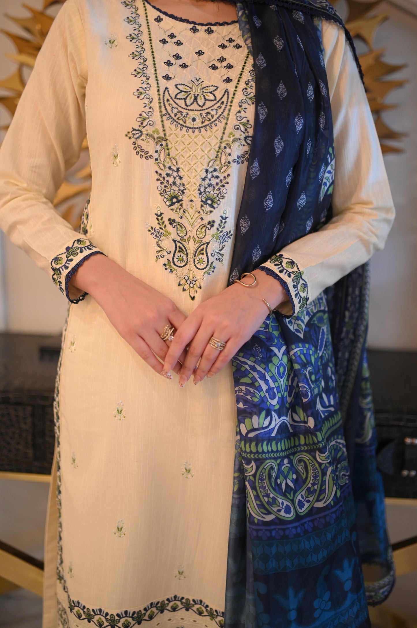 Creamy white Embroidered khaddar Set 3PC