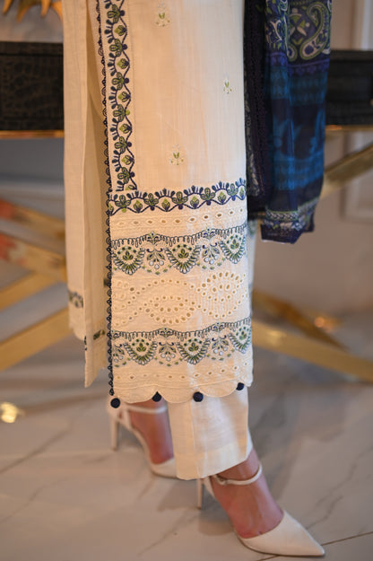 Creamy white Embroidered khaddar Set 3PC