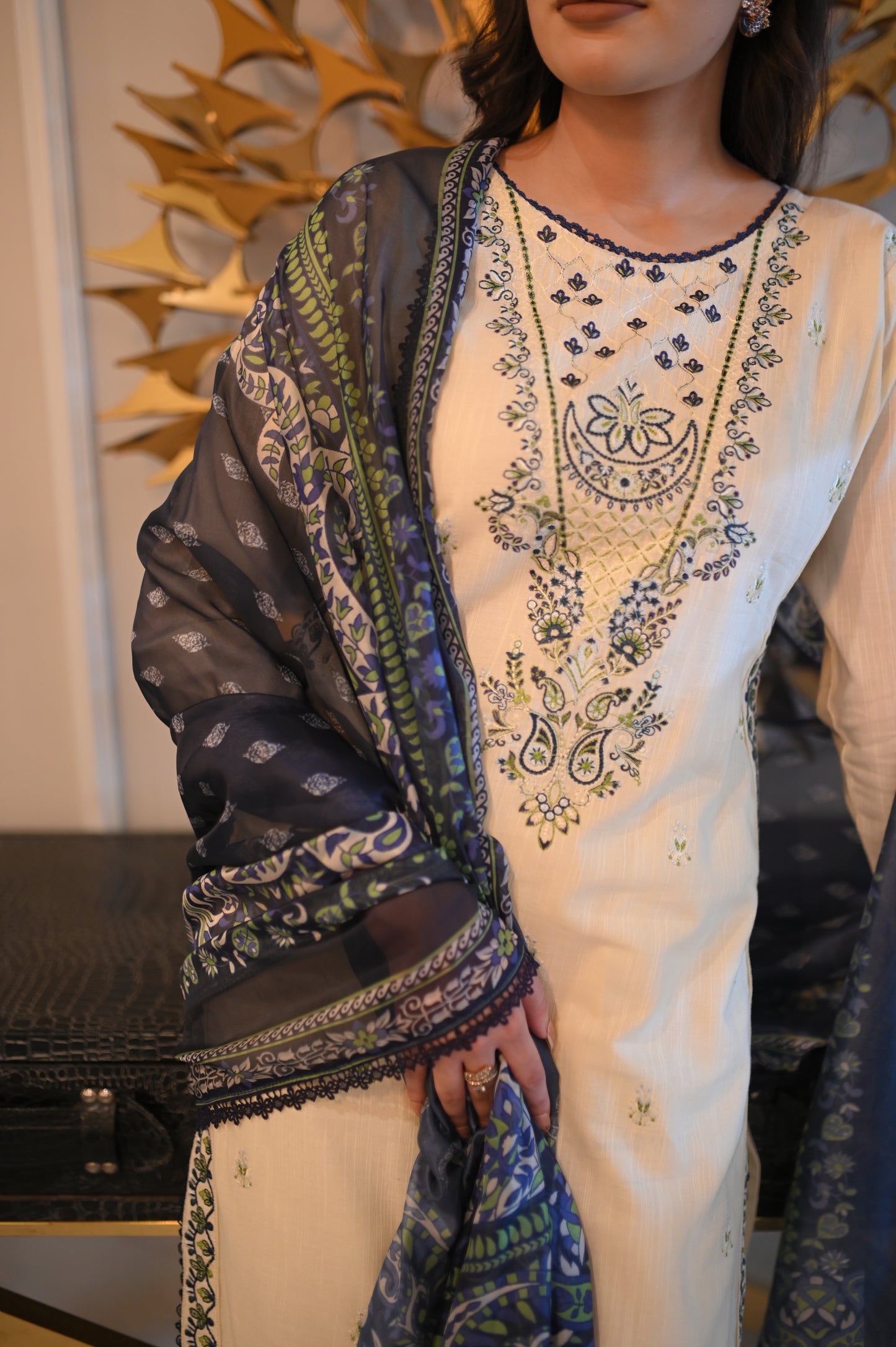 Creamy white Embroidered khaddar Set 3PC