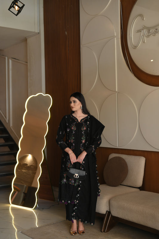 Black Embroidered Luxury Khaddar Set – 3 Pc