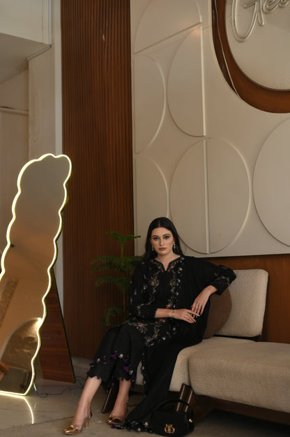 Black Embroidered Luxury Khaddar Set – 3 Pc
