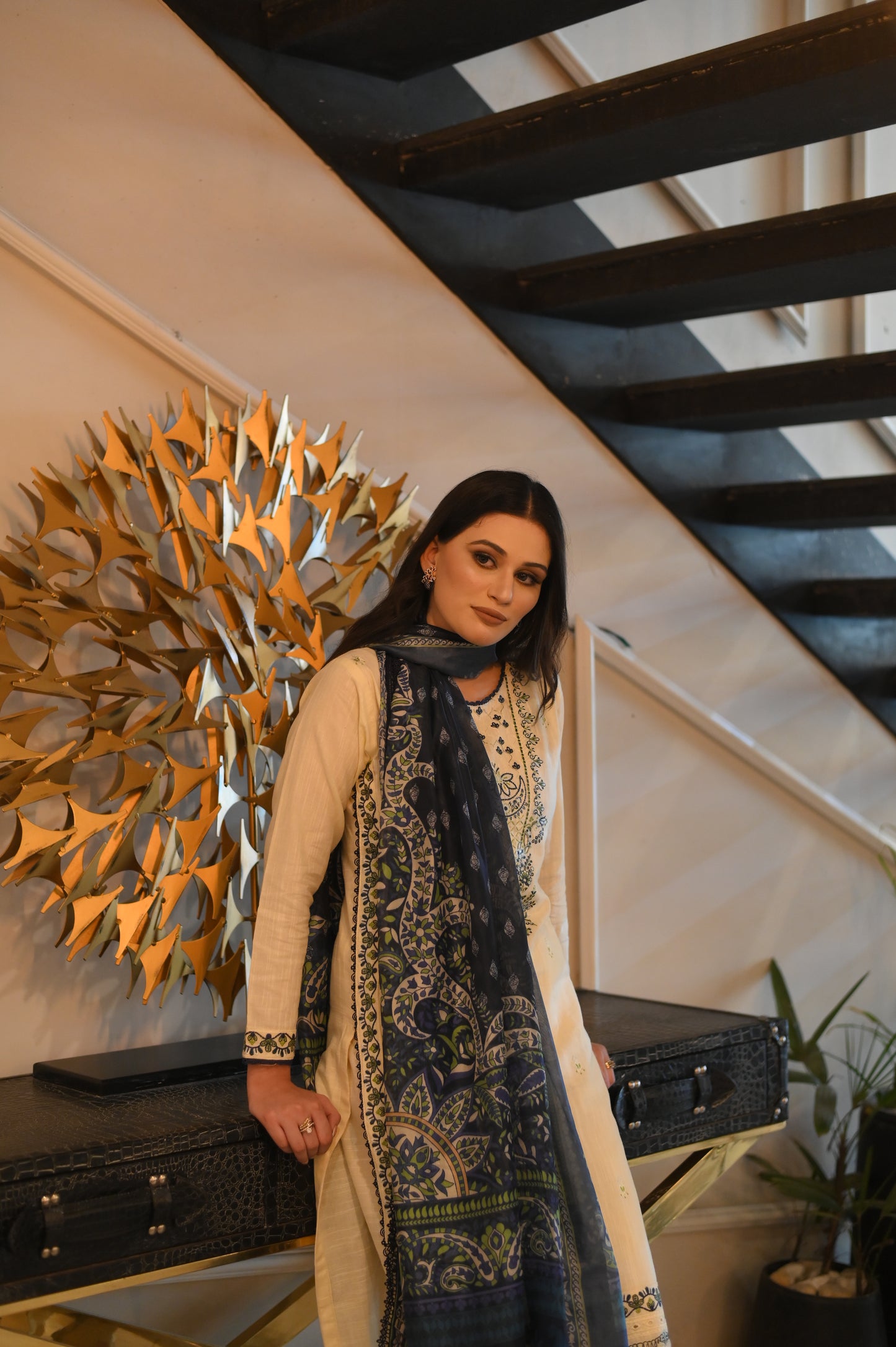 Creamy white Embroidered khaddar Set 3PC