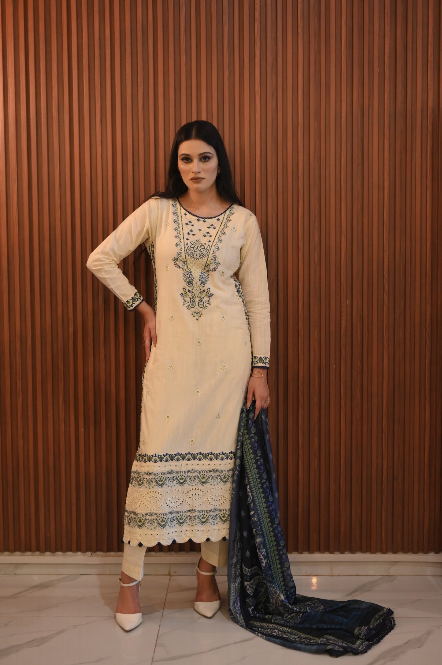 Creamy white Embroidered khaddar Set 3PC