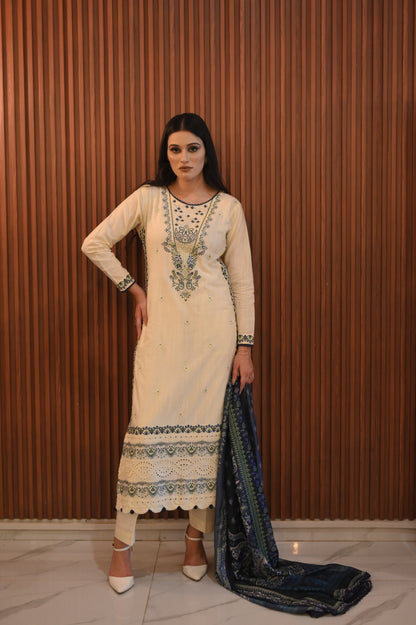 Creamy white Embroidered khaddar Set 3PC