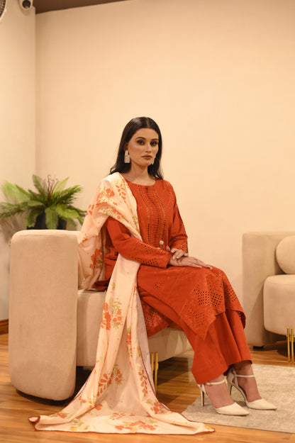 Rust Embroidered Luxury Khaddar Set – 3 Piece / 2 Piece