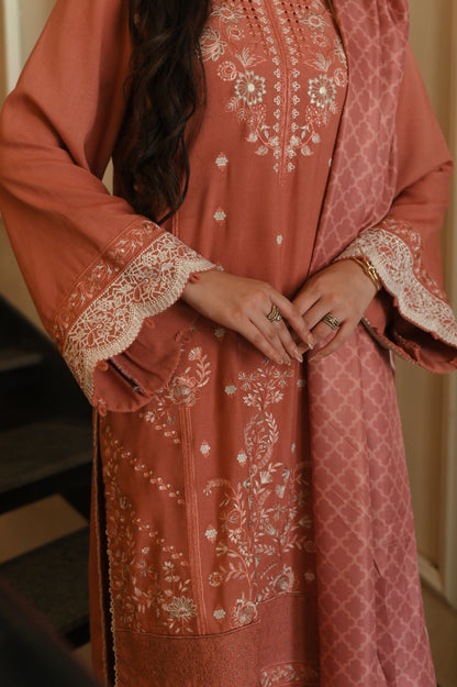 Peach Embroidered Luxury Karandi set 3pc