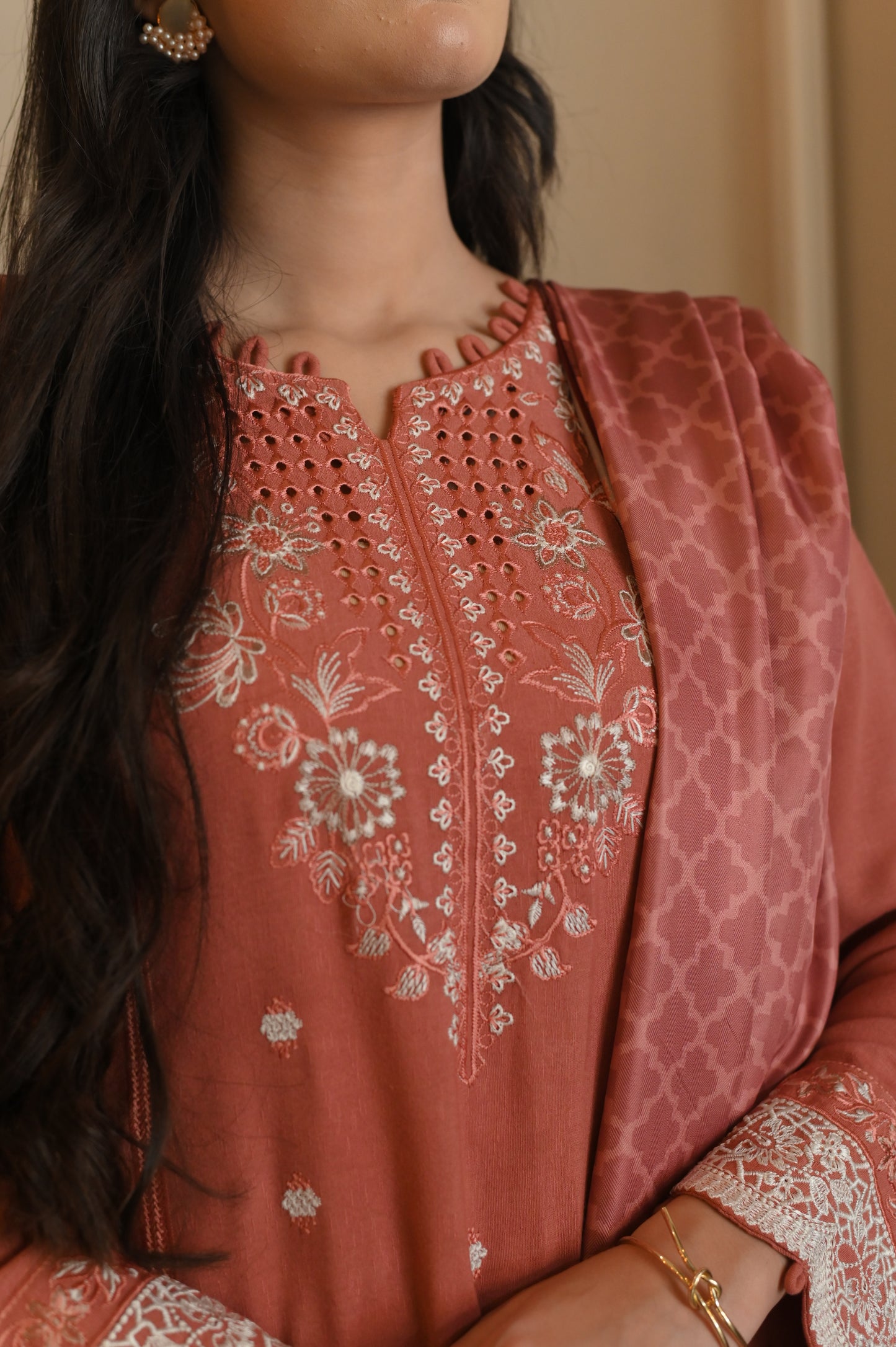 Peach Embroidered Luxury Karandi set 3pc
