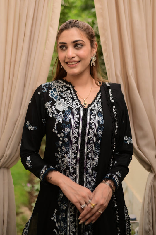 Midnight bloom 3Piece Embroidered lawn
