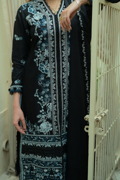 Midnight bloom 3Piece Embroidered lawn