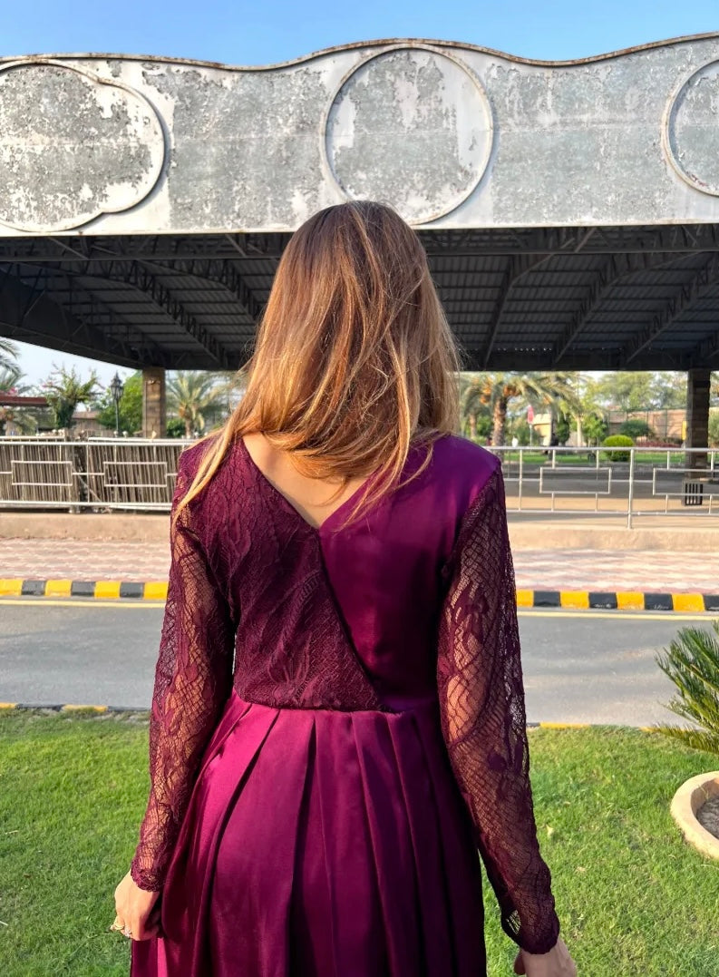 Plum net and silk dress