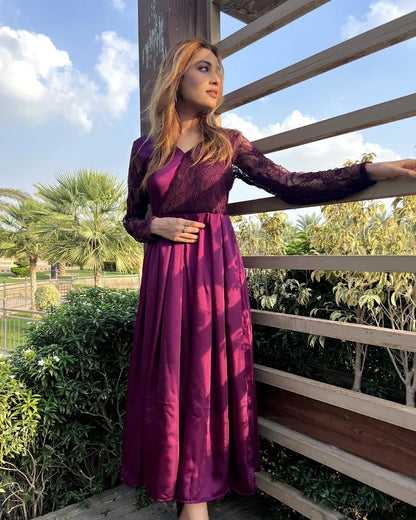 Plum net and silk dress