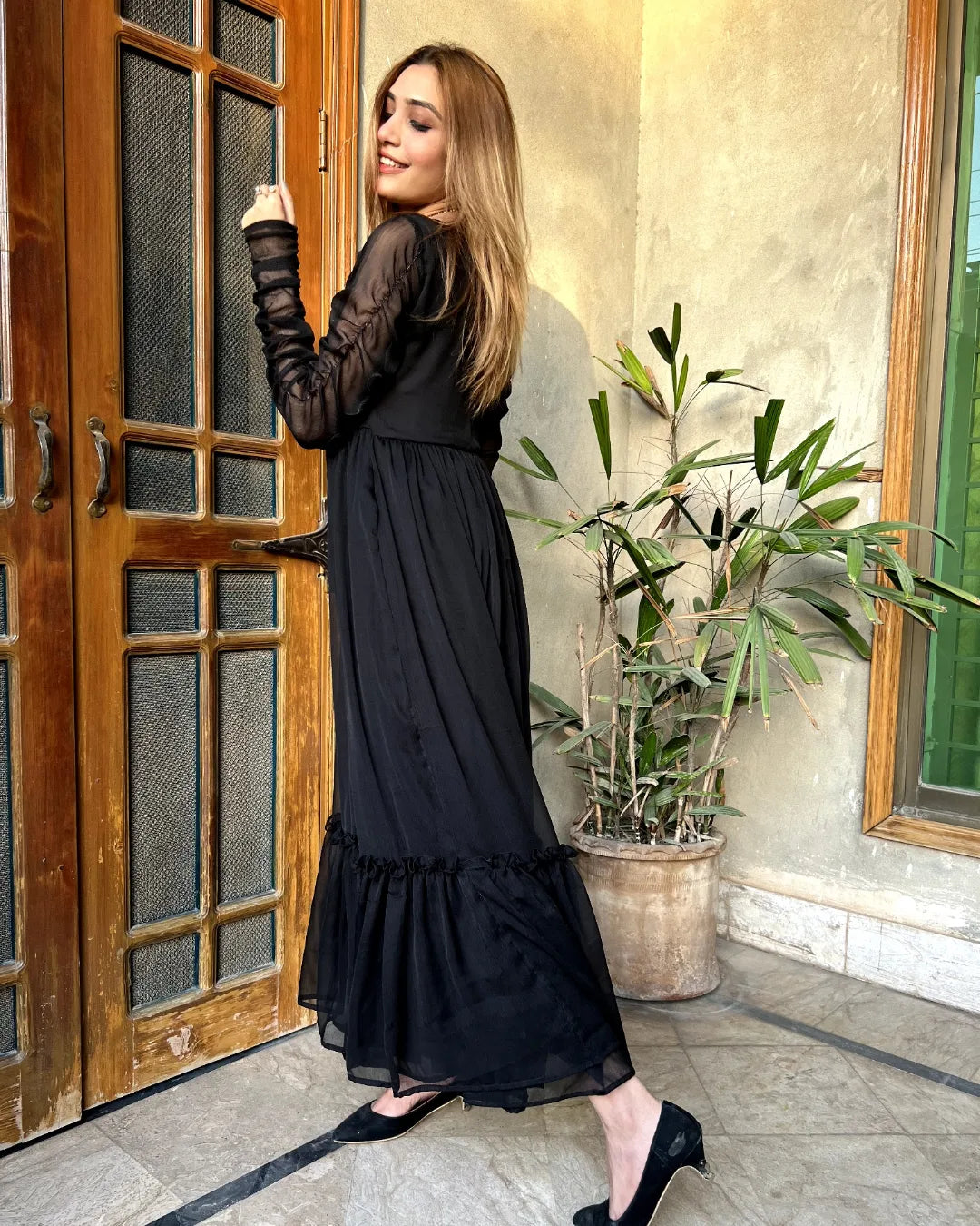 Black frilled long dress