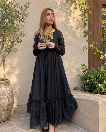 Black frilled long dress