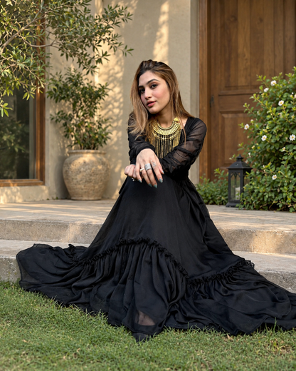Black frilled long dress
