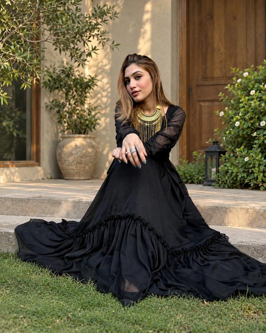 Black frilled long dress